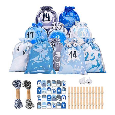 blue and white bags with numbers on them