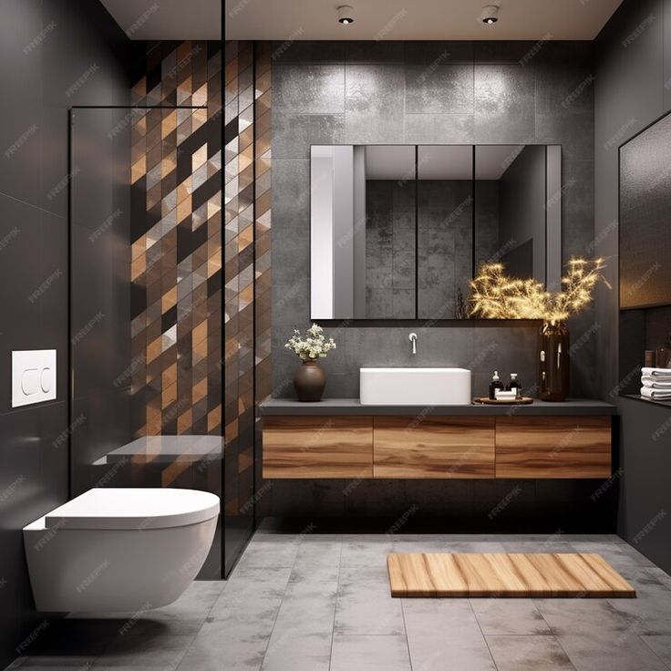 a modern bathroom with wooden accents and gray walls