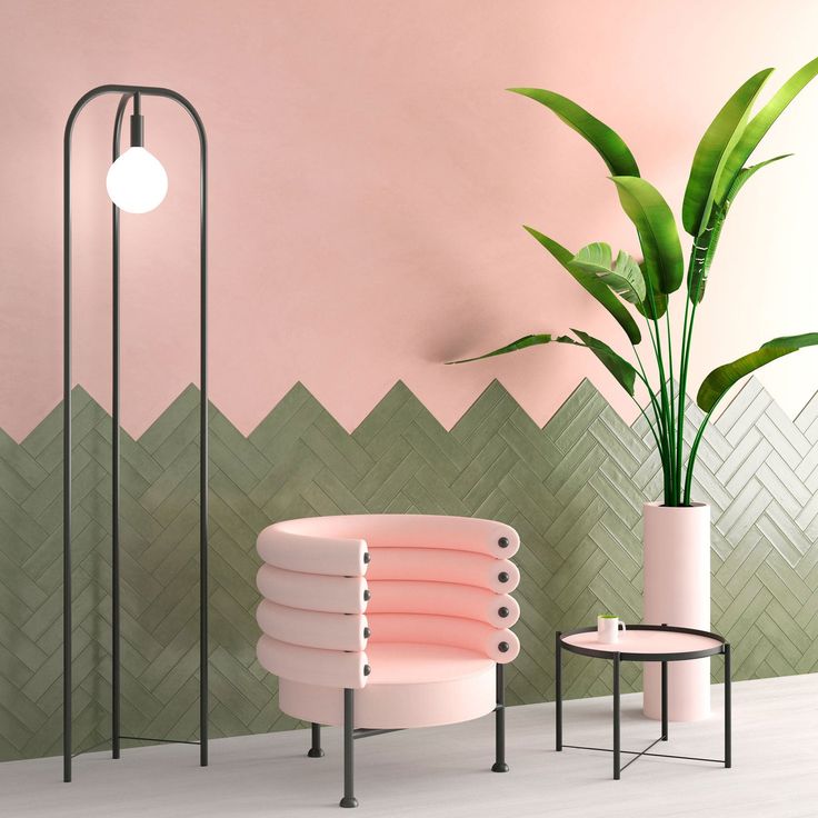 three different types of furniture in a room with pink walls and green geometric tiles on the wall