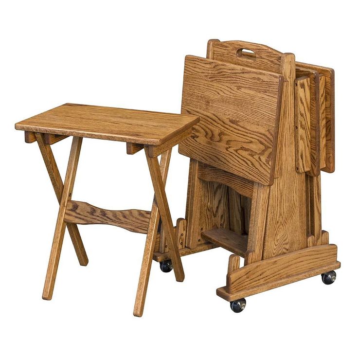 a small wooden desk and chair on wheels