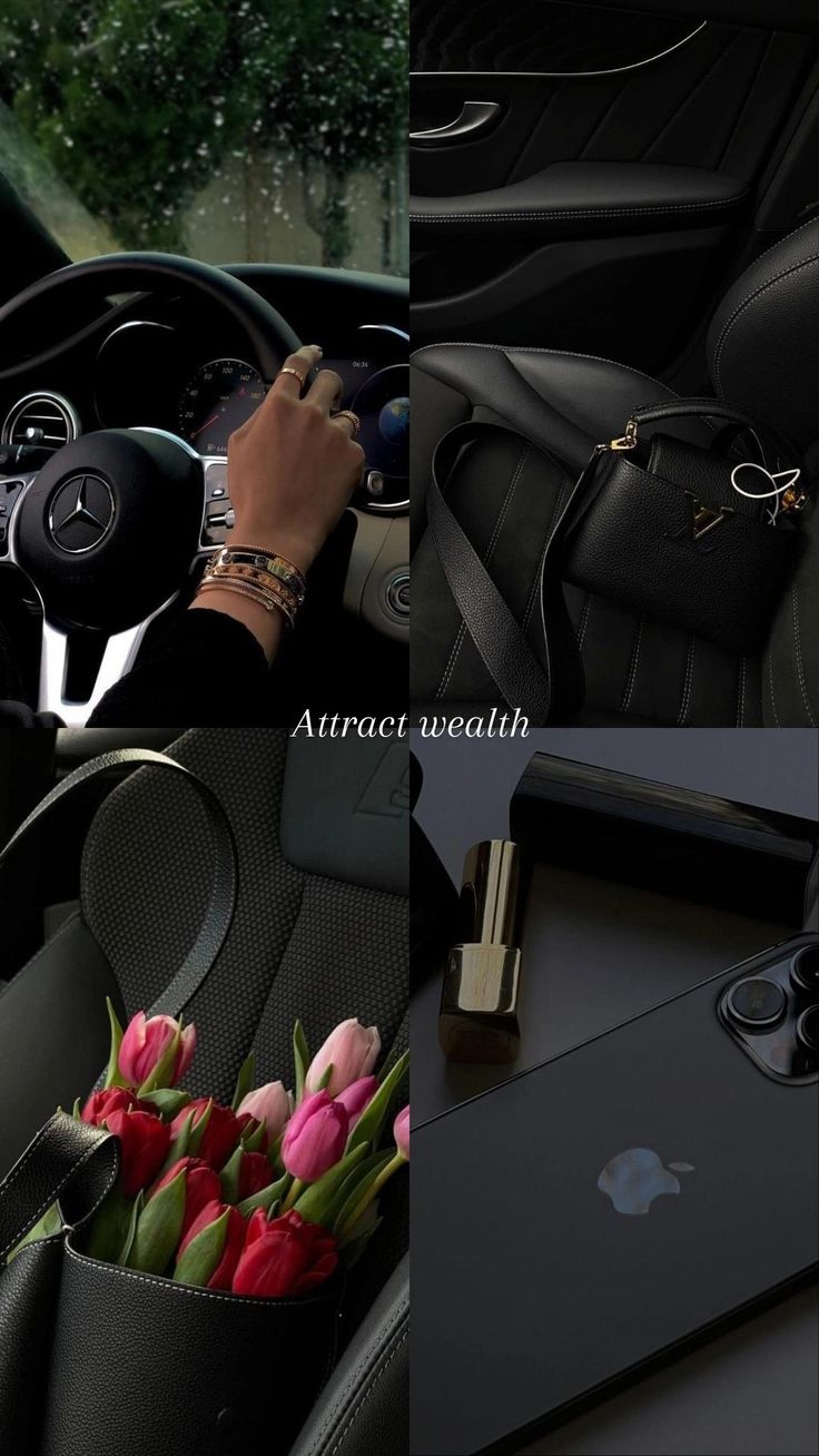 the interior of a car with flowers in it