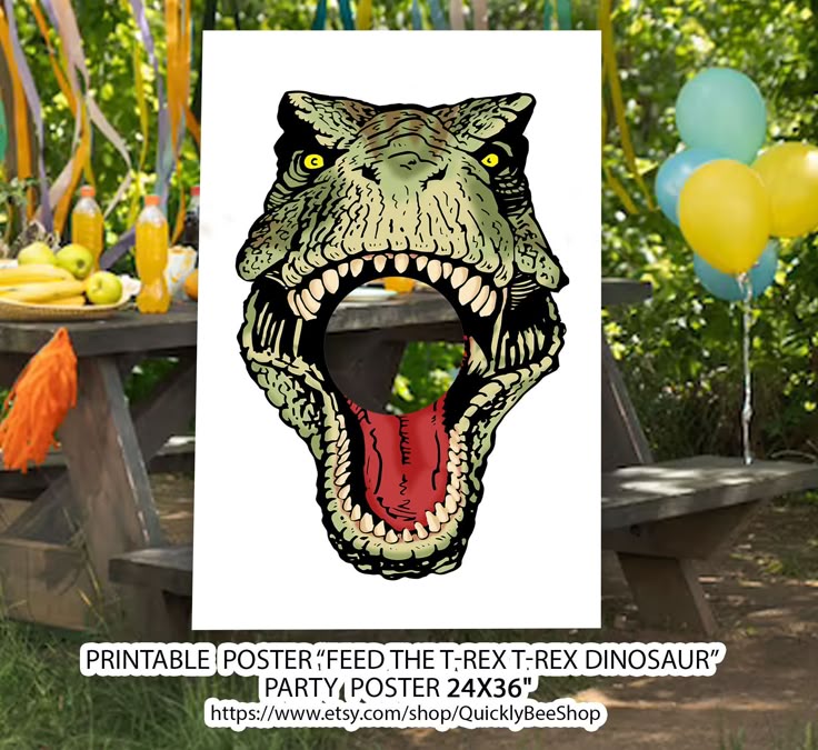 a poster with an image of a dinosaur's head on it and balloons in the background