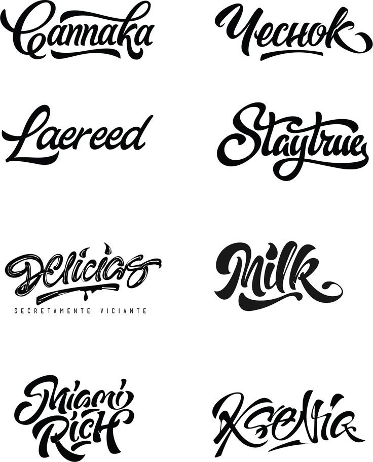 six different types of lettering in black and white, each with the word's name