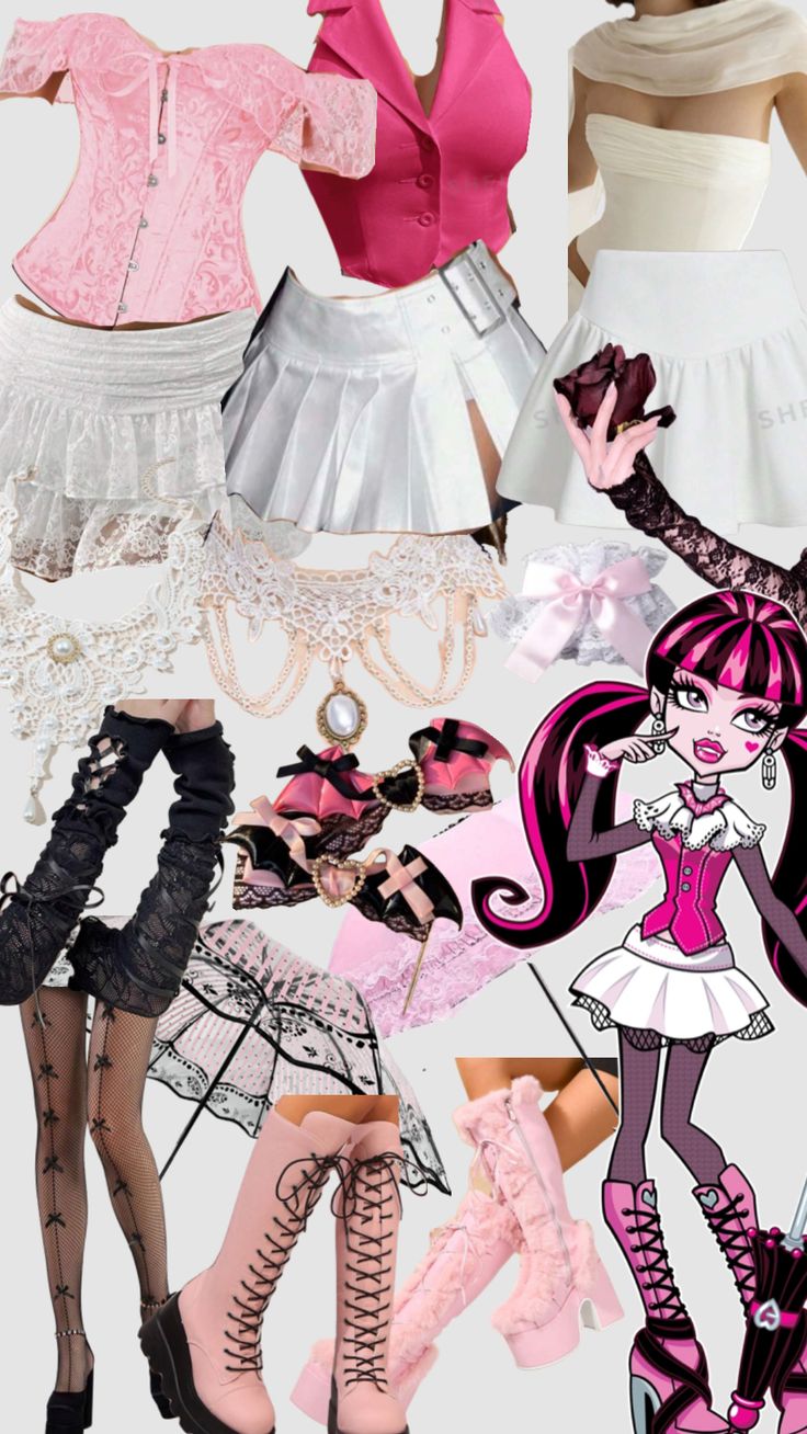 there are many different types of clothes and shoes on this page, including dresses, skirts, tights, boots, and purses