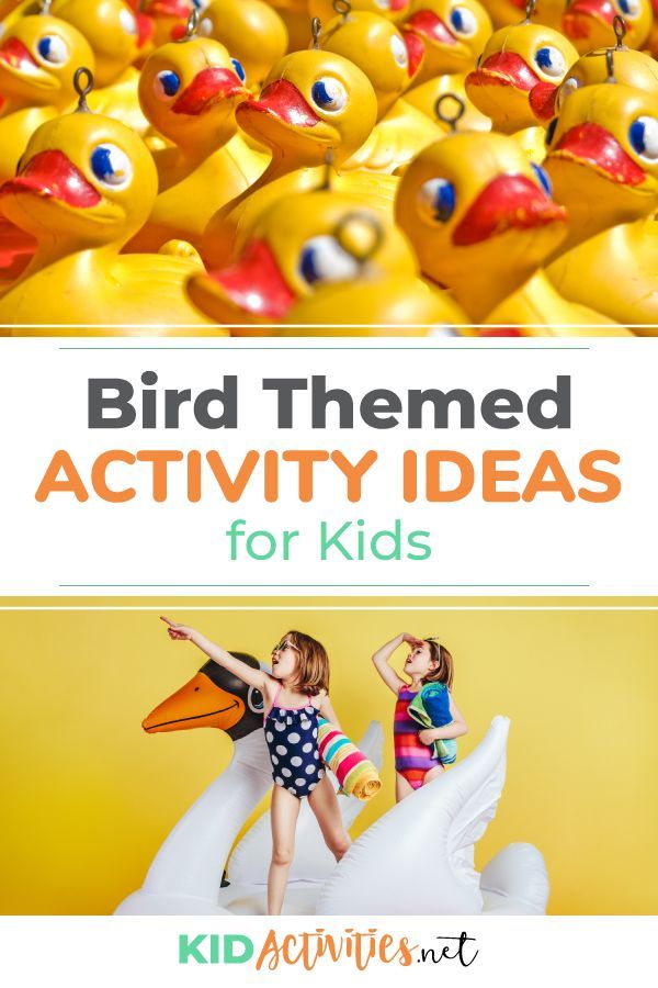 two children are riding on an inflatable rubber duck with the words bird themed activity ideas for kids