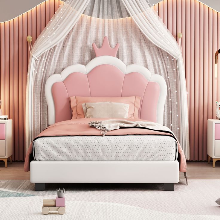 a pink and white bed in a bedroom with curtains on the headboard, two nightstands, and a chandelier