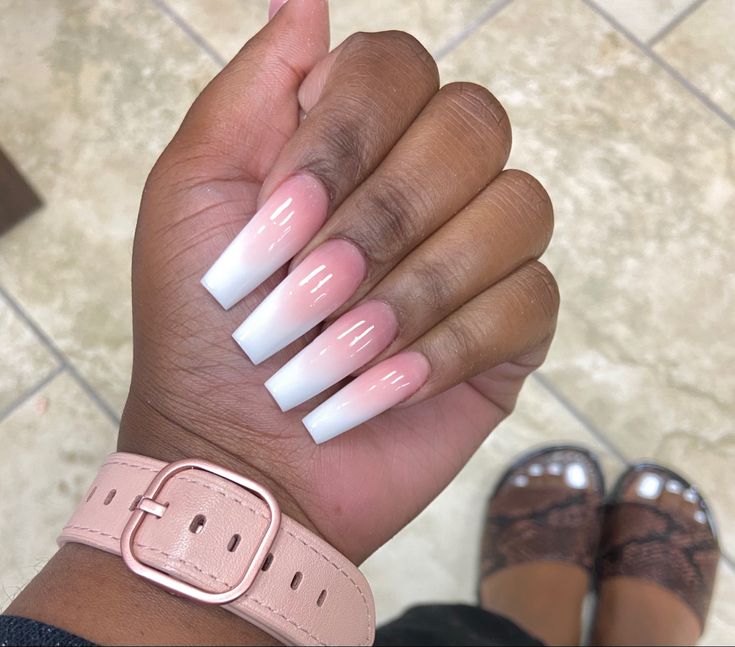 Ombre inspo. All acrylic, no polish. White And Pink Ombre Acrylic Nails, Pink And White Ombre Acrylic Nails, Pink And White Ombré Acrylic Nails, Pink And White Nails Coffin Long, Ombre Coffin Nail Ideas, Pink And White Ombre Nails With Design, Classic Ombre Nails, Ombre Nails Pink And White, Umbra Nails