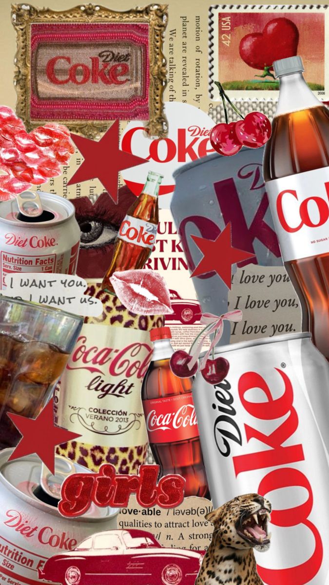 a collage of coca - cola and other items including an apple, cherries, cheetah