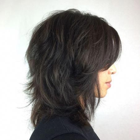 Feathered Black Shag with Side Bangs #haircutsforlongcurly Medium Shaggy Hairstyles, Shag Hair, Medium Shag, Modern Shag Haircut, Modern Shag, Medium Shag Haircuts, Shaggy Haircuts, Shaggy Hair, Medium Layered Hair