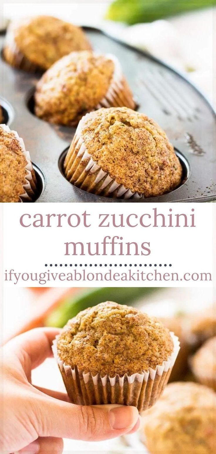 carrot zucchini muffins are being held up in front of the camera