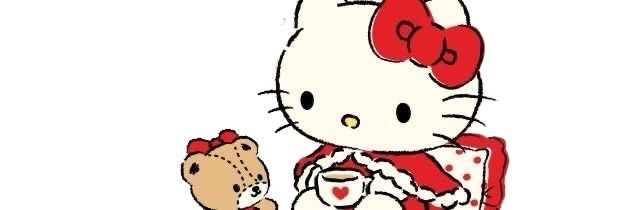 a hello kitty holding a teddy bear and wearing a red dress