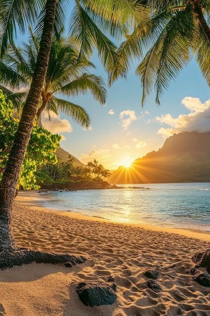 the sun is setting on a tropical beach