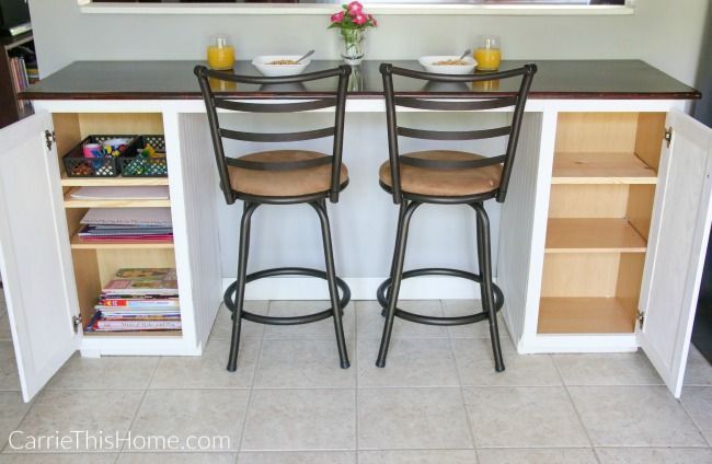 two chairs are sitting at the counter in this kitchen