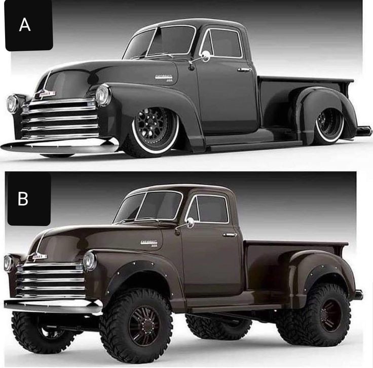 an old pickup truck is shown in two different photos, one black and the other brown