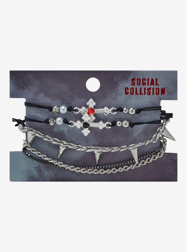 Add some dark romance to your look with this bracelet set! Featuring a pair of matching gothic cross cord bracelets for you and a bestie  and other layering pieces with subtle chain and spike designs. Scene King, Social Collision, Goth Cross, Kitty Room, Hello Kitty Room Decor, Spike Bracelet, Edgy Jewelry, Gothic Cross, Gothic Crosses