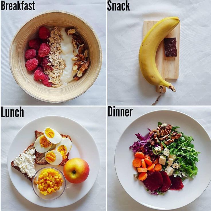 four pictures showing different types of food on plates and in bowls, including bananas, raspberries, granola, oranges, banana bread, lunch