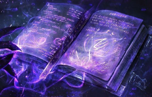 an open book with purple light coming out of it and some writing on the pages