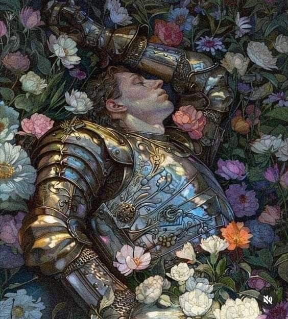 a painting of a man in armor surrounded by flowers