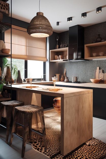 a kitchen with an island and stools in it