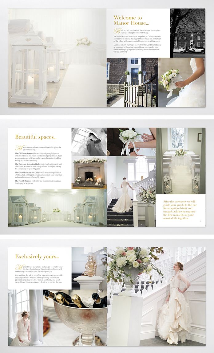 the wedding brochure is shown with photos and text on it, as well as an image of a bride's dress