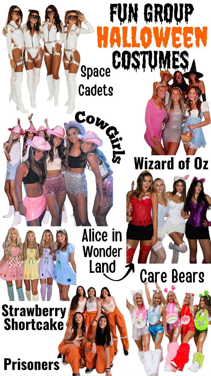 halloween costumes for women and girls with the words fun group halloween costumes written below them