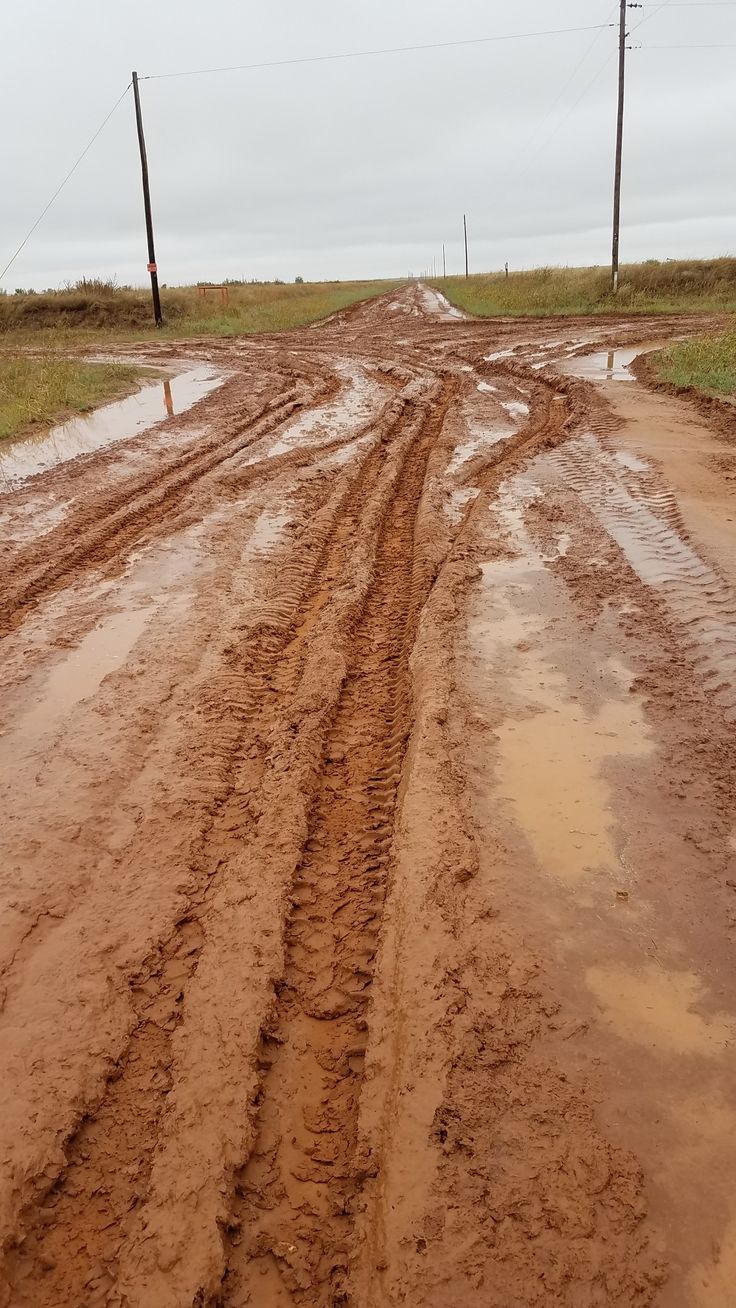 muddy dirt road with power lines in the distance