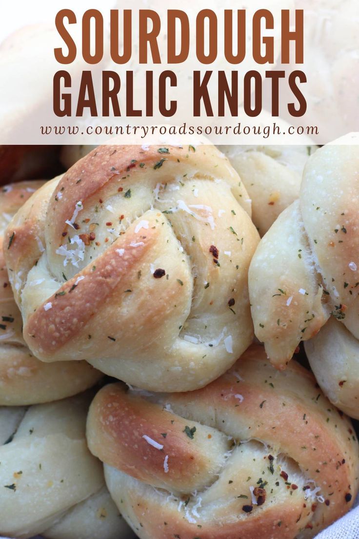 garlic knots in a bowl with text overlay that says sourdough garlic knots