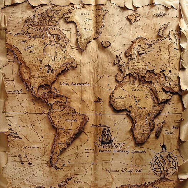 an old world map is displayed on a piece of parchment paper that has been torn down