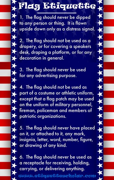 an american flag with the words, flags etiquette written in red, white and blue