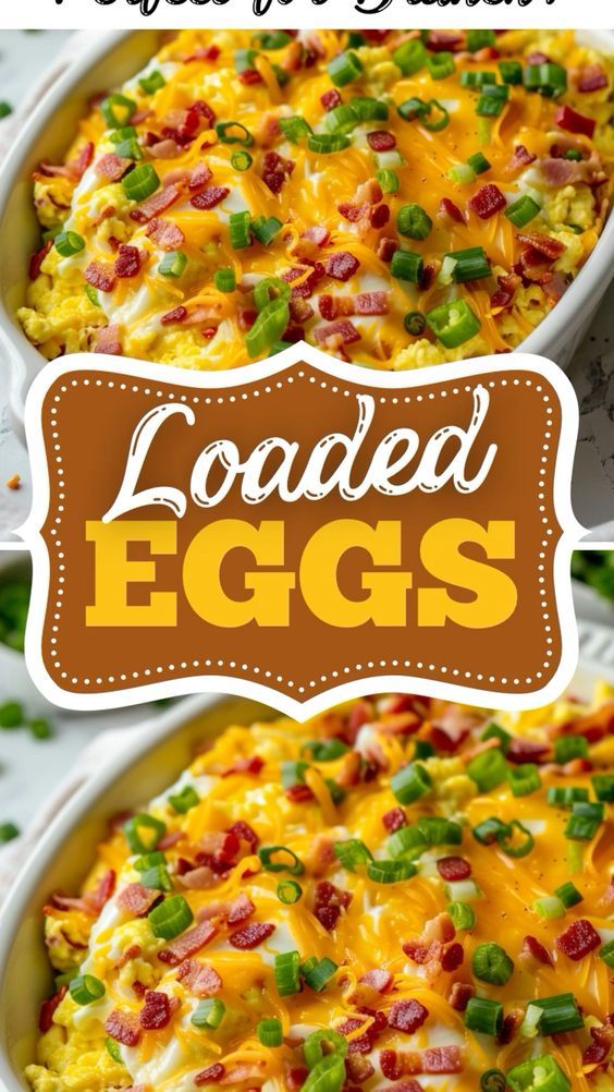 loaded eggs in a casserole dish with bacon and green onions on the side