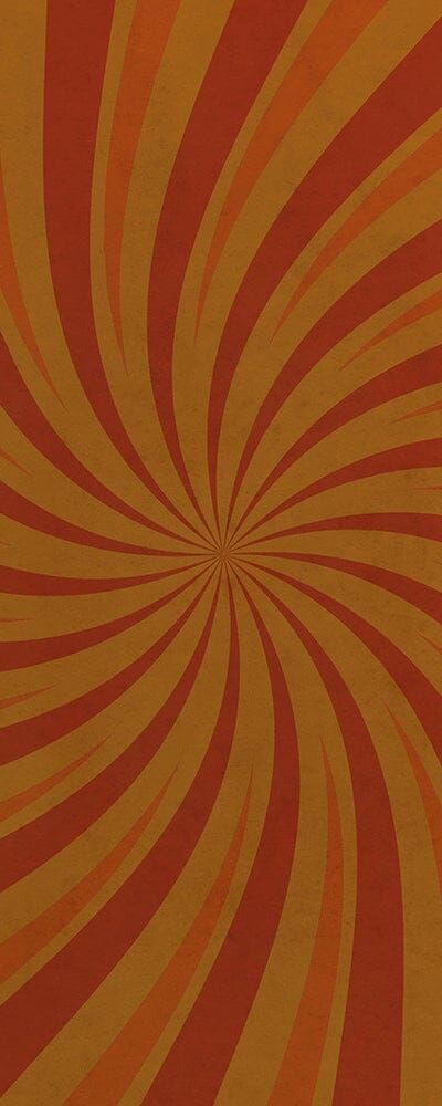 an orange and red striped background with a spiral design on the bottom right hand corner