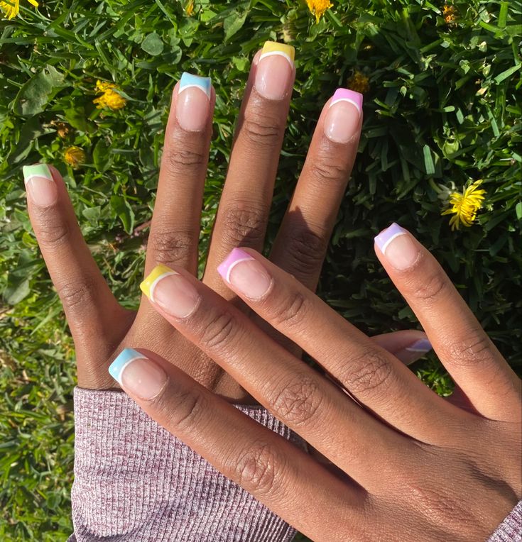 Spring French Tips Nails, Cute French Dip Nails, Spring Nails Easy Simple, Multicolor French Manicure, Colorful Nail Tips French, Fun French Tip Nails Square, Multicolored French Tips, Summer French Tips Square, Multicolour French Tip Nails