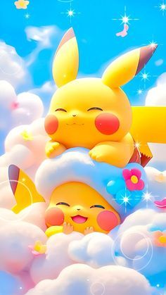 pikachu and other pokemon characters in the clouds