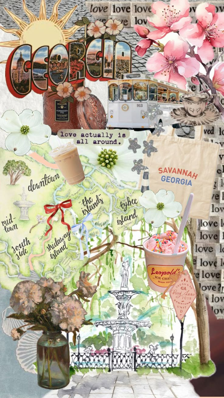 the collage is made up of many different things and flowers in vases,