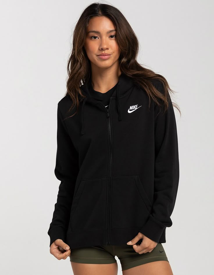 Nike Sportswear Club Zip-Up Fleece Hoodie. Club Fleece Sweatshirts, Universally Loved For Their Coziness And Consistency, Are For Everyone. Always Soft And Made With A Relaxed Fit, They're Basics That Help You Do More. This Full-Zip Option Allows You To Regulate Your Temp On The Fly. Zip It Up When The Wind Is Howling Or Leave It Open To Show Off Your Favorite Tees And Tops. Ribbing At The Hem And Cuffs Is Soft And Stretchy For Easy Layering. Jersey-Lined 3-Panel Hood Feels Soft And Smooth. Embroidered Futura Logo. Flat Drawcord. Front Pocket. 80% Cotton, 20% Polyester. Machine Wash. Imported. Model Is Wearing A Size Medium. Model Measurements:height: 5'6" Bust: 32"waist: 26"hips: 35" Nike Fleece Moisture-wicking Hoodie, Hooded Fleece Sweats For Workout, Casual Nike Fleece Track Jacket, Nike Casual Fleece Track Jacket, Sporty Long-sleeved Fleece Jacket, Winter Workout Fleece Sweatshirt, Fleece Hoodie For Workout In Fall, Sporty Long Sleeve Fleece Jacket, Fleece Hoodie For Fall Workouts