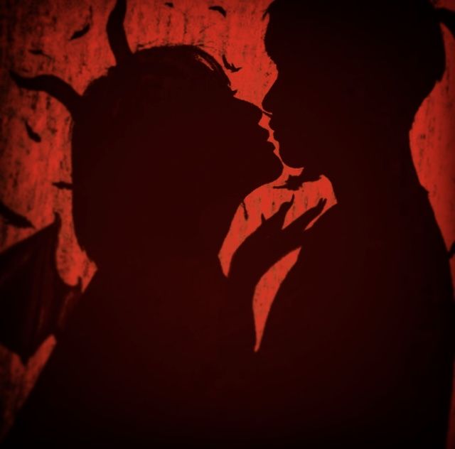 the shadow of a man and woman kissing in front of a red background