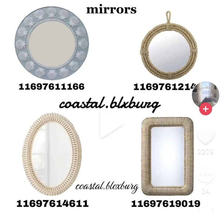 various mirrors are shown in different styles and sizes, including one with rope around the edges