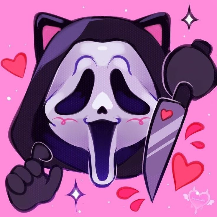 a cartoon panda bear holding a knife and wearing a black hat with hearts around it