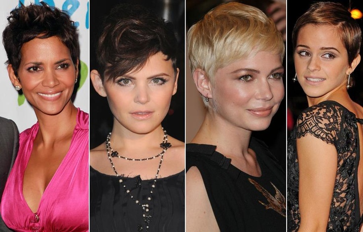 four different pictures of women with short hair