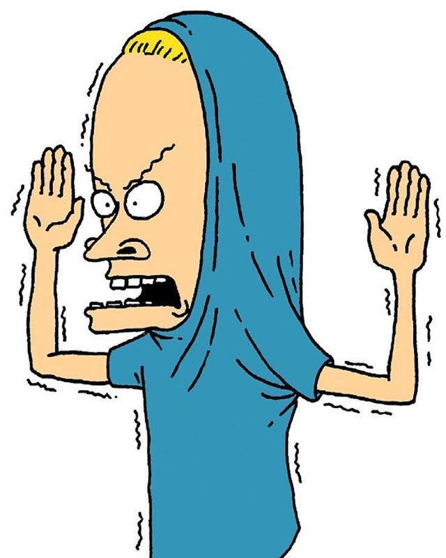 a cartoon character with blue hair and an evil look on her face, holding his hands up in the air