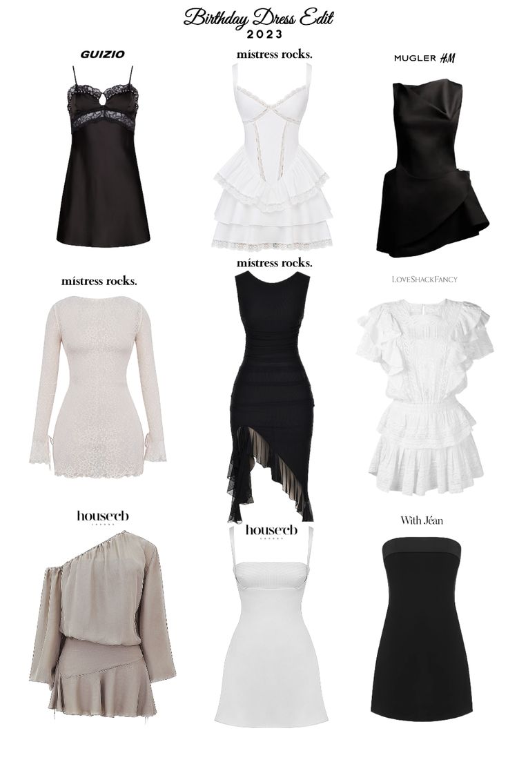 A variety of different black, white or neutral colored birthday dresses. Short Old Money Dress, Dress For 18th Birthday Summer Outfits, Dresses For 18th Birthday Parties, 18th Bday Dress Ideas, 18th Dress Birthday Outfits, Shein Birthday Dress, Dress Outfits Birthday, 17th Birthday Dress Ideas, 18th Birthday Outfit Ideas Casual