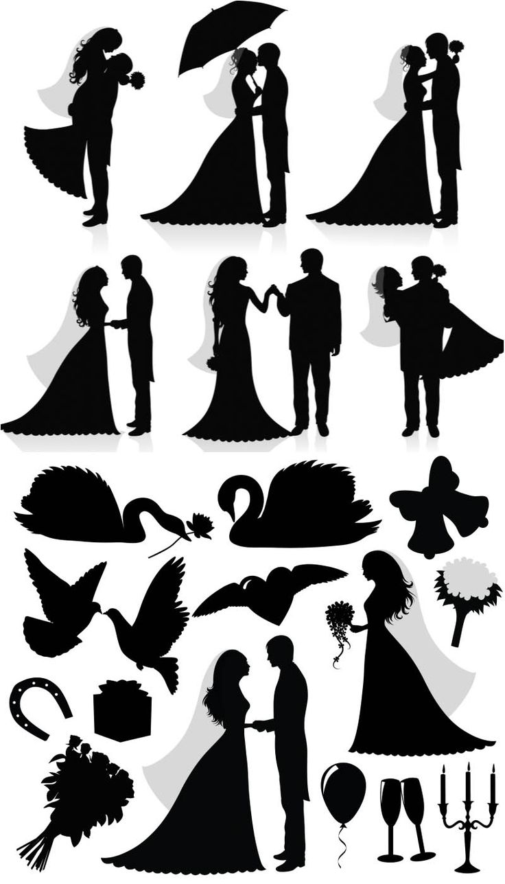 the silhouettes of people in wedding dresses and veils, each holding an umbrella