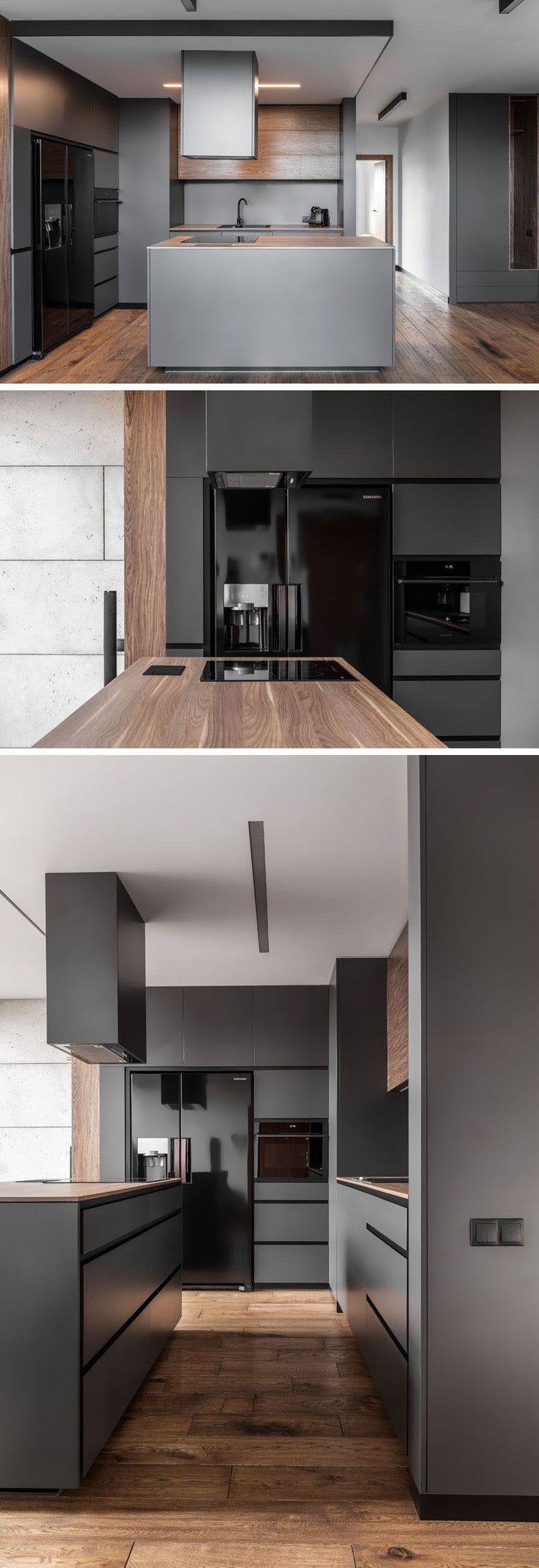 three different views of a kitchen with wood flooring