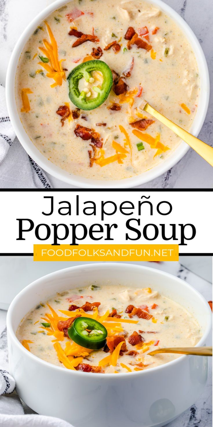 two bowls of jalapeno popper soup with cheese, bacon and jalapenos