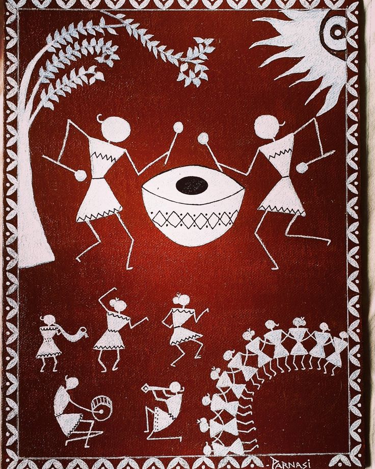 an art work depicting people dancing around a bowl with trees and birds in the background