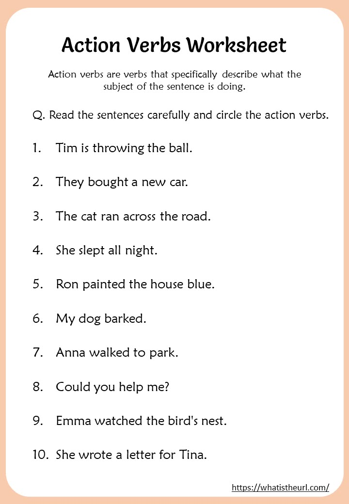 an action verb worksheet for students to practice their english speaking and writing skills