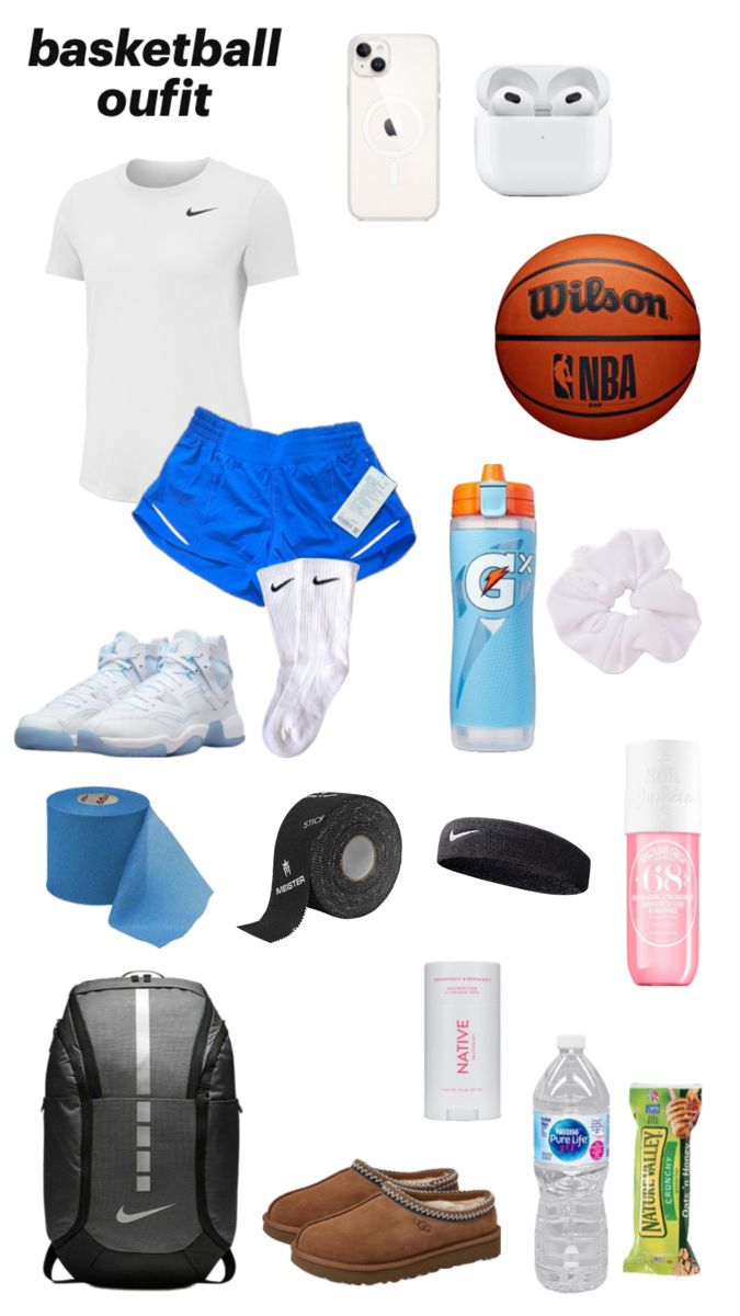 an assortment of sports items including shoes, water bottle and basketball ball on a white background