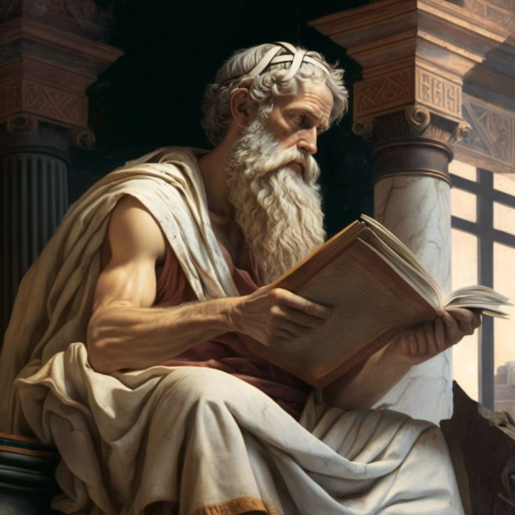 a painting of an old man with a book in his hand and sitting on a ledge