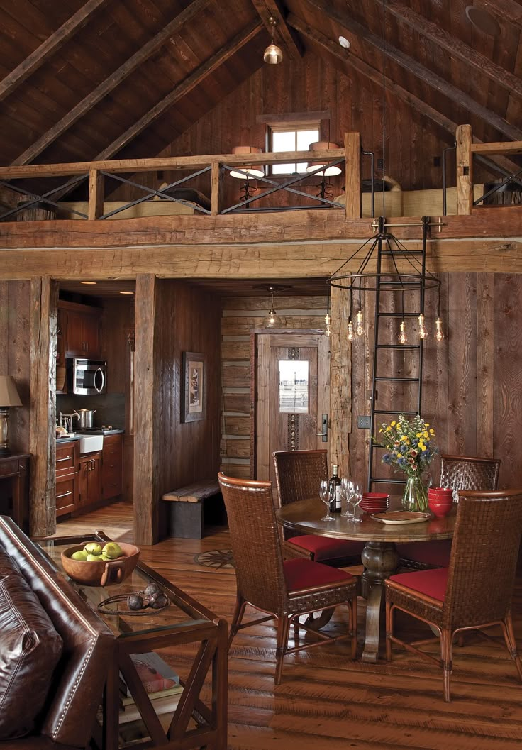 a living room filled with furniture and wooden walls