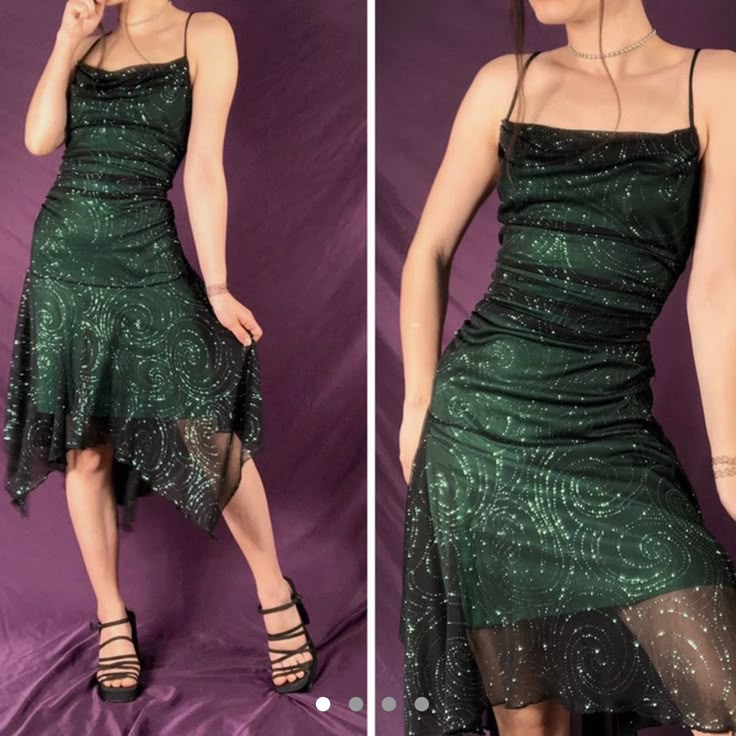 Green Dress With Black Mesh Overlay, Vintage Formal Dresses Green, 70s Semi Formal Dress, Short 90s Prom Dresses, Whimsigoth Hoco Dress, Alt Prom Dresses Short, Y2k Semi Formal Outfits, Wedding Guest Outfit Grunge, Green Y2k Prom Dress